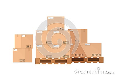 Pile or stack of cardboard or carton boxes on wooden pallet isolated on white background. Goods packaged for warehouse Vector Illustration