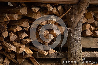 A pile of stacked chopped firewood logs under a small wooden house. Chopped firewood used for cooking in an outdoor kitchen. Stock Photo