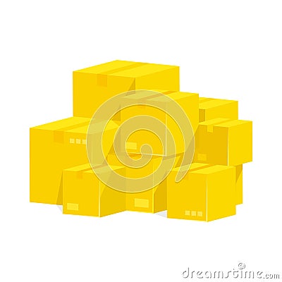 Pile of stacked sealed goods yellow cardboard boxes. Vector Illustration
