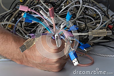 Pile of tangled wires used cables electronic waste Stock Photo