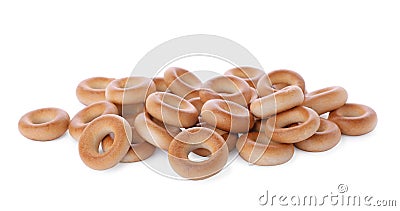 Pile of tasty dry bagels sushki on white background Stock Photo