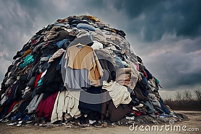 pile with textile fabric clothes for recycling. clothing industry pollution. fast fashion concept, generative AI Stock Photo