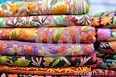 Pile of traditional colorful Arabic scarves Stock Photo