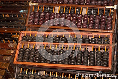 Pile of traditional retro Chinese wooden abacus close-up Editorial Stock Photo