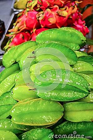 A pile of tropical green star fruit, also called carambola group together Stock Photo