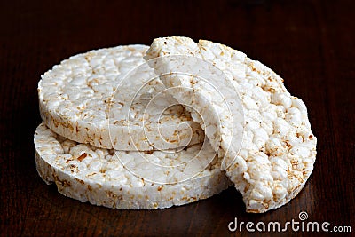 Pile of two and half puffed rice cakes. Stock Photo