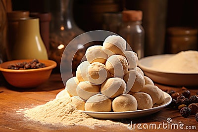 pile of uncooked dough balls ready to be baked Stock Photo