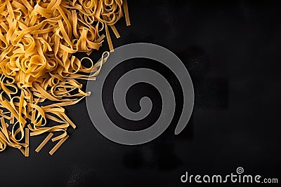 A pile of uncooked pasta on a black surface. AI generative image . A lot of copy space. Stock Photo