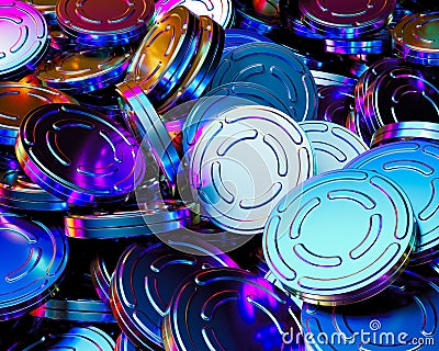 Surreal Chaotic Pile of Blank Iridescent Film Reel Cans Stock Photo