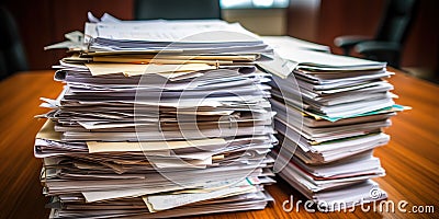 Pile of unresolved legal case documents, representing the problem of backlog and delay within the judicial system Stock Photo
