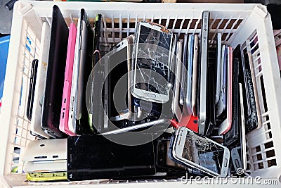 Pile of used mobile phones Waste Division broken or damage Stock Photo