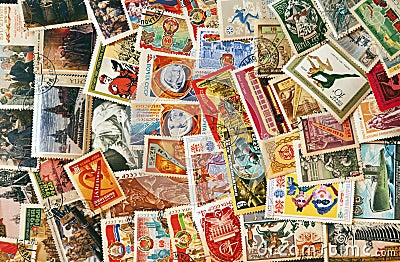 Pile of used post stamps from Soviet Union Editorial Stock Photo