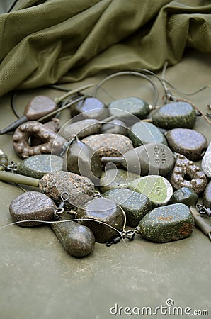 Pile of Various Shaped Carp Fishing Lead Weights Stock Photo