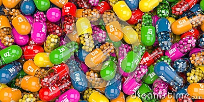 Pile of various vitamin capsules. Dietary and nutritional supplemets for healthy eating Cartoon Illustration