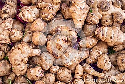 A pile of very delicious exotic vegetables, sunroot in a grocery. Stock Photo