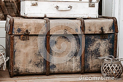 Pile of vintage shabby trunks Stock Photo