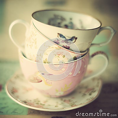 Pile of vintage tea cups Stock Photo