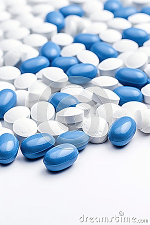 Pile of white-blue medical capsules. Blue white pills capsul. Cartoon Illustration