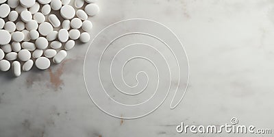 Pile of White Pills Composition. Top View Of Tablets Heap, Capsule On Rough Background with Copy Space. AI generated Stock Photo