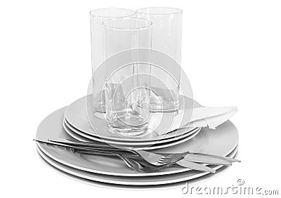 Pile of white plates, glasses, forks, spoons. Stock Photo