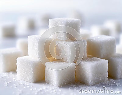 A pile of white sugar cubes on a white background Stock Photo