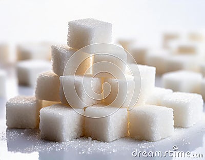 A pile of white sugar cubes on a white background Stock Photo