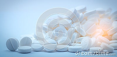 Pile of white tablets pill containing `2.5`. Terbutaline sulfate 2.5 mg use for relief of bronchospasm in asthma patient. Stock Photo