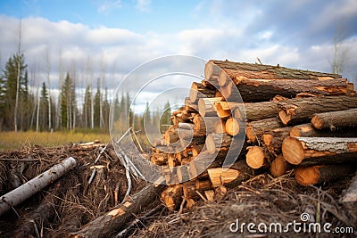 pile of wood near beaver habitat Stock Photo