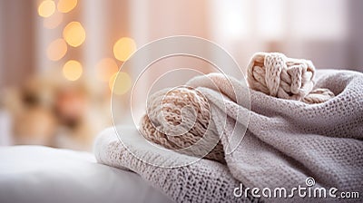 A pile of yarn on a bed with lights in the background, AI Stock Photo