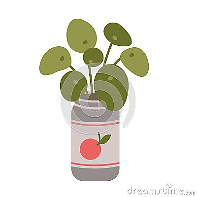 Pilea peperomioides, Chinese money plant in can, cartoon style. House plants for home interior, urban jungle. Trendy Vector Illustration