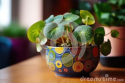 Pilea Peperomioides With Round, Flat Leaves In A Colorful, Patterned Pot In A Playful And Quirky Apartment. Generative AI Stock Photo