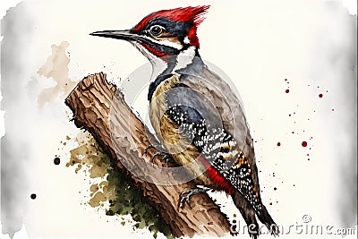 Pileated Woodpecker. Hand drawn watercolor illustration. Cartoon Illustration