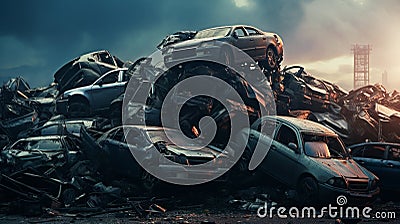 Piled wrecked cars in a junkyard, history of twisted metal, shattered glass, rusted frames Stock Photo