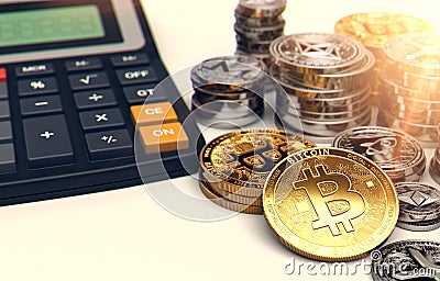 Piles of Bitcoin, other cryptocurrencies and a calculator. Fees and taxes on cryptocurrency investments. 3D rendering Stock Photo