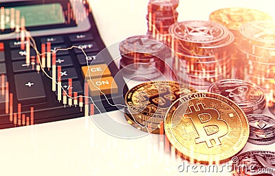 Piles of Bitcoin, other cryptocurrencies and a calculator. Fees and taxes on cryptocurrency investments. 3D rendering Stock Photo