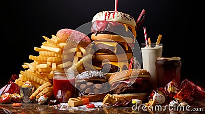 piles of burgers, fries and other junk food Stock Photo