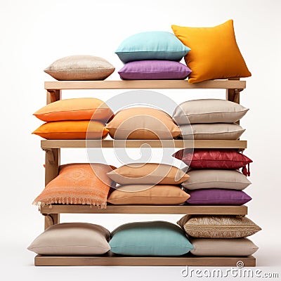 Vibrant Stacked Pillow Shelf With Organized Chaos Stock Photo