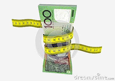 Piles of 3D Rendered Australian money with yellow measure tape Stock Photo