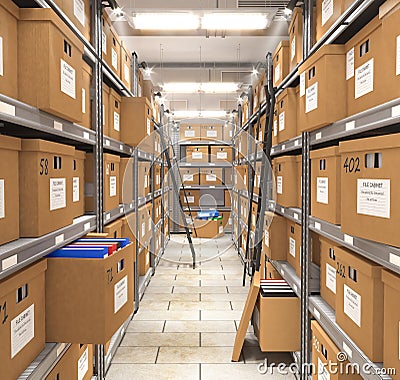 Piles of files and documents are placed on metal shelves with folders and documents in a cardboard box, Cartoon Illustration