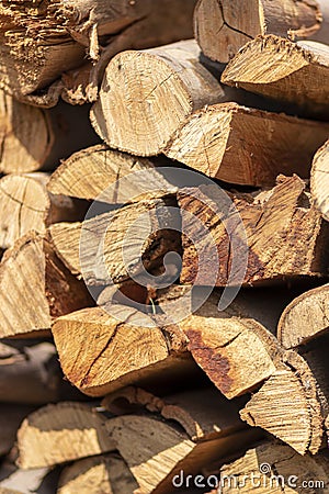 View of freshly cut wood piles for the fire Stock Photo