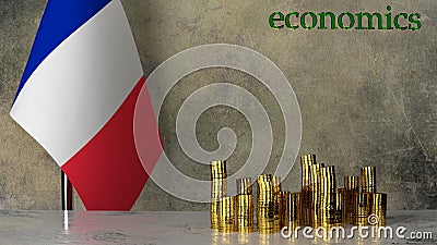 Piles of gold coins on a marble table against the background of the flag of France. Stock Photo