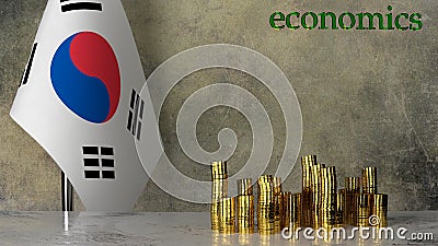 Piles of gold coins on a marble table against the background of the flag of South Korea. Stock Photo