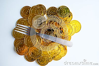 Among piles of golden and silver bitcoin and blockchain nodes all around . Blockchain transfers virtual cryptocurrency concept Stock Photo
