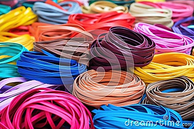 piles of newly produced multicolored elastic bands Stock Photo