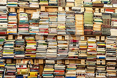 Piles of poetry and narrative books in old library Editorial Stock Photo