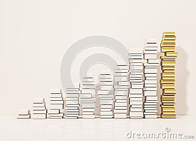 Piles of whiite books step rising up with the golden pile at top, 3d rendered Stock Photo