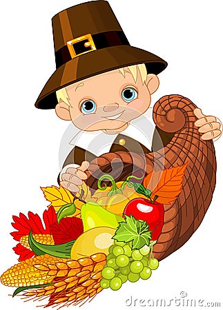 Pilgrim with cornucopia Vector Illustration