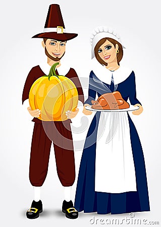 Pilgrim couple holding a roast turkey and pumpkin Vector Illustration