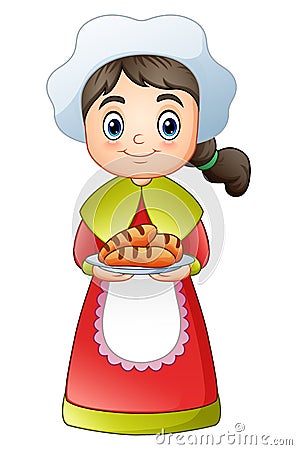 Pilgrim girl carrying a delicious bread Vector Illustration