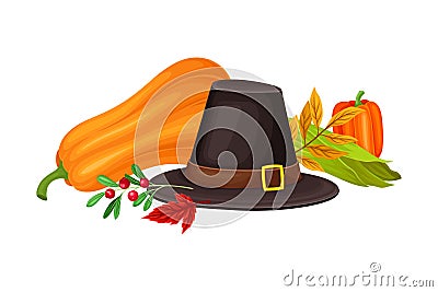 Pilgrim Hat and Agricultural Crops as Thanksgiving Autumnal Holiday Vector Composition Vector Illustration